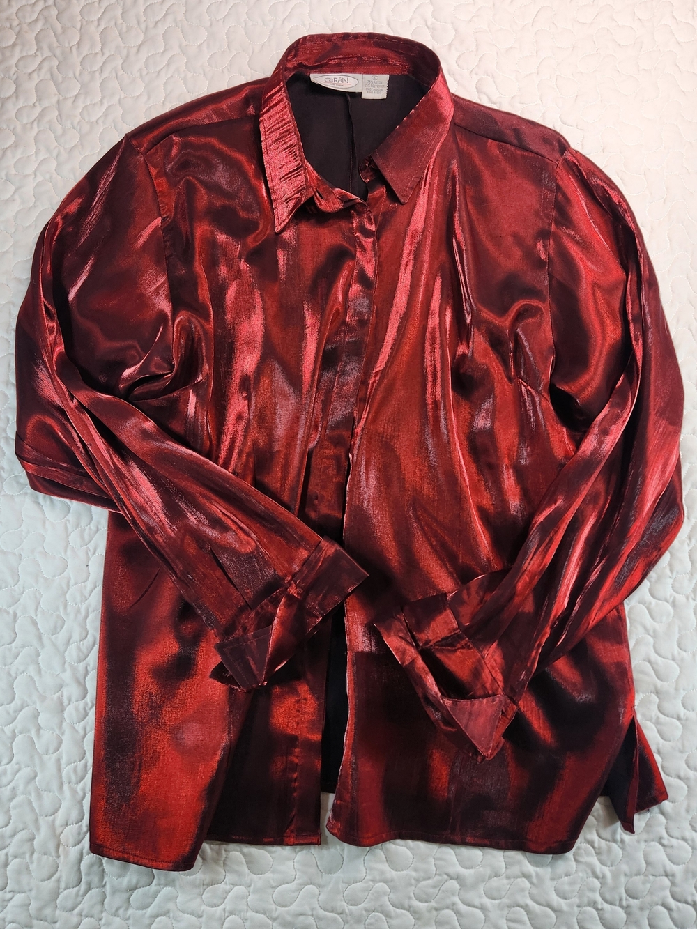 Liquid Satin Burgundy Button-Up Blouse Elegant Unique L/S Cuffs Layering BUST 42
